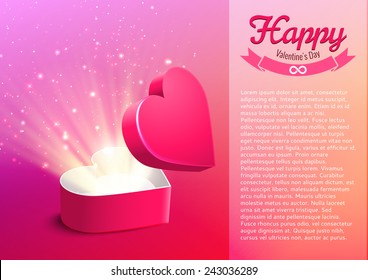 Valentine's day postcard with opened surprise gift box and shine