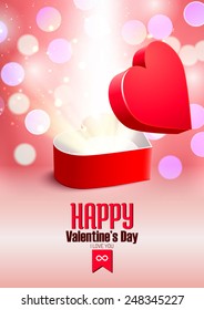 Valentine's day postcard with opened surprise gift box and shine