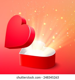 Valentine's day postcard with opened surprise red gift box and shine