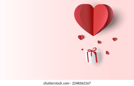 Postal de San Valentín con elementos cortados de papel y caja de regalo sobre fondo de cielo blanco. Afiche romántico. Símbolos vectores del amor en forma de corazón para el diseño de tarjetas de felicitación