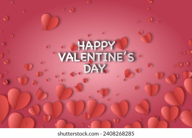Valentine's Day postcard with paper cut elements and gift box on white sky background. Romantic poster. Vector symbols of love in shape of heart for greeting card design