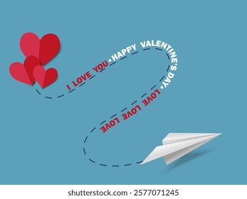 Valentine's Day postcard with paper cut red heart and paper airplane. Romantic conceptual illustration. Love ,airlines discount	
