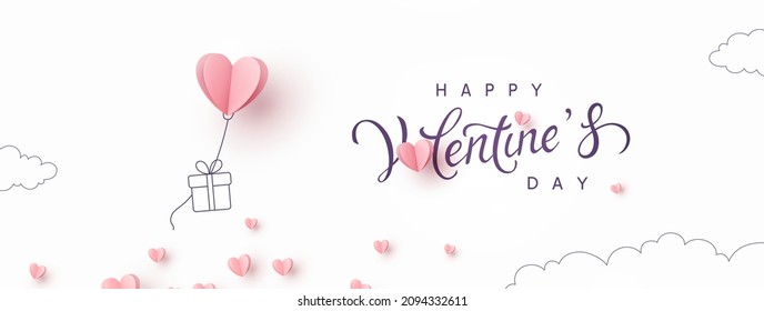 Valentine's Day postcard with paper flying elements and gift box on white sky background. Romantic poster. Vector symbols of love in shape of heart for greeting card design