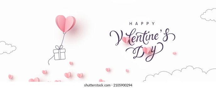 Valentine's Day postcard and paper flying elements   gift box white sky background  Romantic poster  Vector symbols love in shape heart for greeting card design