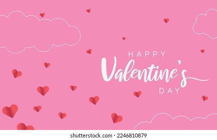 Valentine's Day postcard with paper flying elements and gift box on pink sky background. Romantic posters. Vector love symbol in heart shape for greeting card design