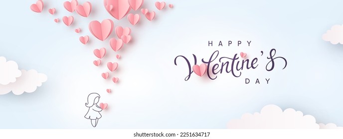 Valentine's Day postcard and paper flying elements   girl sky background  Romantic poster  Vector symbols love in shape heart for greeting card design