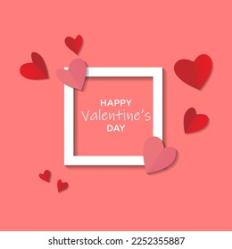 Valentine's Day postcard with paper flying hearts on pastel pink background. Romantic poster. Vector symbols of love in shape of heart for greeting card design