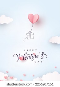 Valentine's Day postcard and paper flying elements   gift box sky background  Romantic poster  Vector symbols love in shape heart for greeting card design