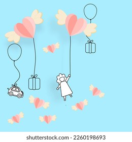 Valentine's Day postcard with paper flying elements and gift box on white sky background. 