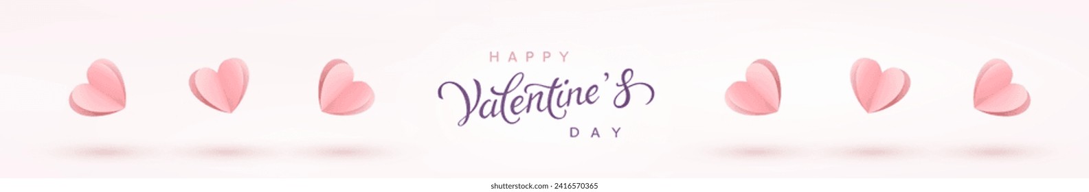 Valentine's Day postcard with paper flying elements on pink background. Romantic poster, header. Vector symbols of love in shape of heart for greeting card design	