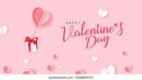 Valentine's day postcard with paper flying elements and gift box on pink sky background. Vector symbols of love in shape of heart for greeting card design