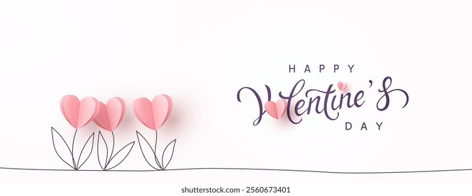 Valentine's Day postcard with paper tulips flowers and calligraphy text on white background. Vector pink symbols of love in shape of heart for greeting card, cover, label design