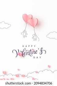 Valentine's Day postcard with people and pink flying balloons on white background. Romantic poster. Vector paper symbols of love in shape of heart for greeting card design