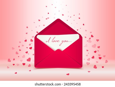 Valentine's day postcard with pink vector envelope, love letter illustration