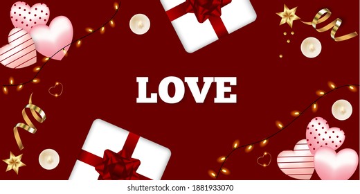 Valentine's day, postcard, realistic hearts and gifts, vector illustration