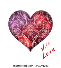 Valentine`s day postcard with red heart. Romantic floral ornamental pattern. Vector template 