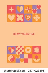 Valentine's Day postcard with retro style geometric icons Be My Valentine. Postcard template with greetings. Vector