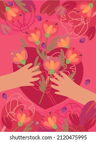 Valentine's Day postcard. Romantic mood. Red heart and bouquet with pink floral pattern. Lovers. Love. Friendship. I love you.