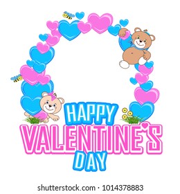 Valentines Day. Postcard with a teddy bear and lovely hearts. Vector illustration.