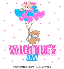 Valentines Day. Postcard with a teddy bear and lovely hearts. Vector illustration.