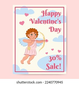Valentines day postcard template. Cute cupid with bow. Cute cupid with red hair. Happy Valentines Day text. Valentines day sale. Cupid shoots with hearts.