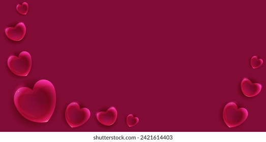 Valentine's Day postcard template with heart shaped balloons on red background. Cute love banner or greeting card. Vector illustration