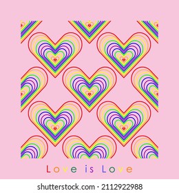 Valentine's day postcard template. Multicolored Hearts on a pastel pink background. Love is love concept. Pride flag colors.