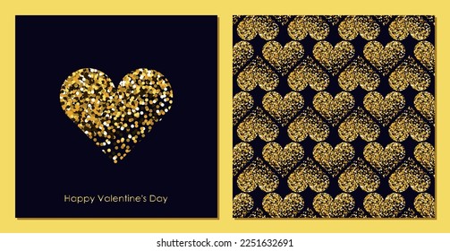 Valentine's day postcard template set. Seamless pattern. Hearts with gold glitter effect on a dark blue background. 