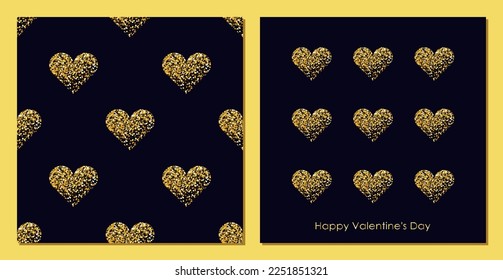 Juego de plantillas de postales de San Valentín. Patrón sin foco. Corazones con efecto de brillo dorado en un fondo azul oscuro. 
