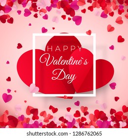 Postal de San Valentín. Dos grandes corazones en blanco marco con texto.Feliz Día de San Valentín. feriado del 14 de febrero. Ilustración del vector