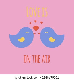 Valentine's day postcard. Vector greeting card template. Cute doves  in flat design. Love is in the air. Romantic holiday background.