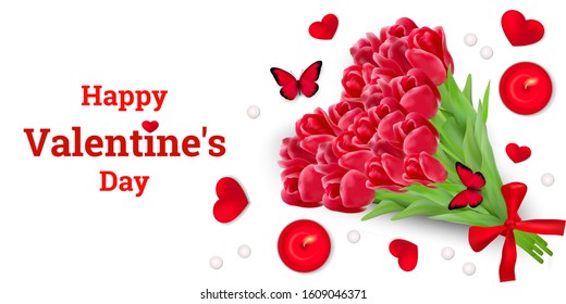 Valentine's Day postcard. Vector illustration with a realistic bouquet of tulips, butterflies, hearts, candles and  beads necklace 3D on a white background. Design for paper, brochure, cover, banners.