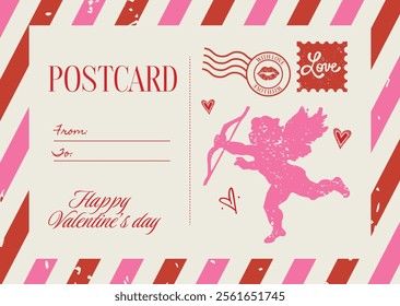 Valentine's Day Postcard, vector illustration of sending love concept in vintage flat style.