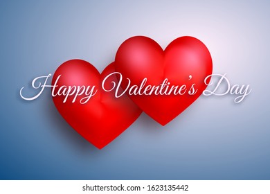 Valentine's Day postcard. Volume red realistic hearts with shadows and text Happy Valentine's Day on blue background. Vector illustration