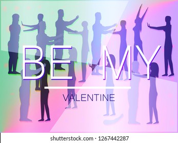 Valentine's Day .
Postcard or web banner. Be my valentine. Mannequins. Blind love. Find your love. Modern style. Green and purple colors. Naked man and woman hugging. Realistic human silhouettes. 

