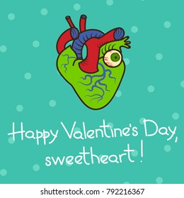 Valentine`s Day postcard with zombie heart in fancy comic style.