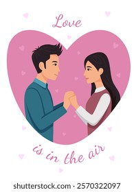 Valentine's day postcard.Couple in love in heart frame. Young man and girl holding hands and smiling with happiness. Phrase love is in the air.Vector illustration