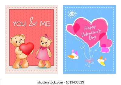 Valentines Day postcards with couple of toy bears and big hearts with little birds cartoon flat vector illustrations on pink and blue backgrounds.