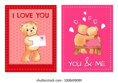 Valentines day postcards with cute fluffy bears that holds envelope, couple that sits on bench and I love you sign cartoon flat vector illustrations.