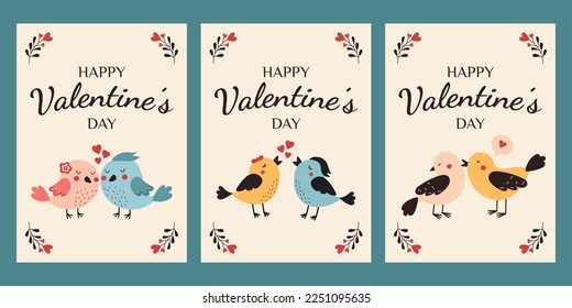 Postales y afiches del Día de San Valentín con pájaros lindos. Feliz Día de San Valentín. Aves amorosas