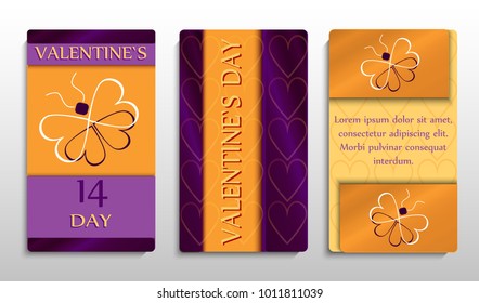 Valentine`s day. Postcards set. Celebrates. Vector. Purple and orange color.
Illustration can be used in the brochures, postcards, tickets, advertisements,
banners, lables, covers.