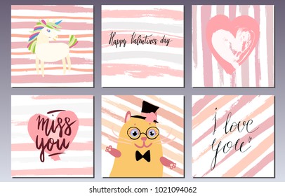 Valentines day postcards set with cute animals, handwritten lettering and brush strokes.