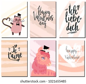 Valentines day postcards set with cute animals, handwritten lettering and brush strokes.