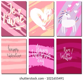 Valentines day postcards set with cute animals, handwritten lettering and brush strokes.