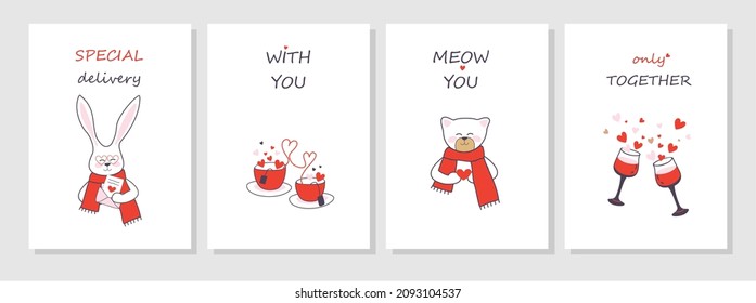 Valentine's day postcards set.  Romantic text and animals. Cute bunny, bear, cups of coffee, and glasses of wine. Glasses of wine. Vector illustration. 