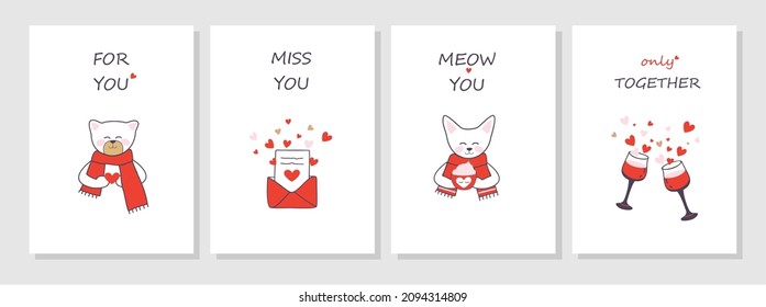 Valentine's day postcards set.  Romantic text and animals. Cute cat, bear, glasses of wine, and love letter. Vector illustration. 