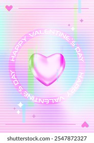 Valentine's day poster with 3d futuristic heart, glitch graphics on blurred, pastel gradient background, ribbed lass effect. Vector illustration with inflated neon love element. Hologram dream card.