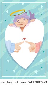 Afiche del día de San Valentín. Adorable tarjeta de saludo con cupido tierno, manos de una pareja amorosa y corazones. Romance y ternura. Elemento de diseño para la celebración del 14 de febrero. Dibujo vectorial plano de dibujos animados