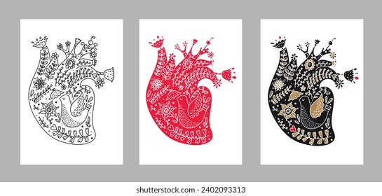 Valentines day poster. Anatomical heart with flowers. Vector illustration.