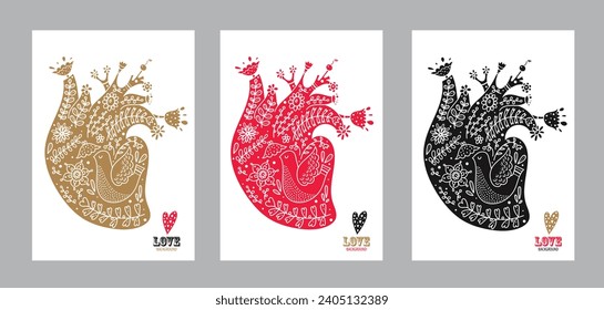 Valentines day poster. Anatomical heart with flowers. Vector illustration.